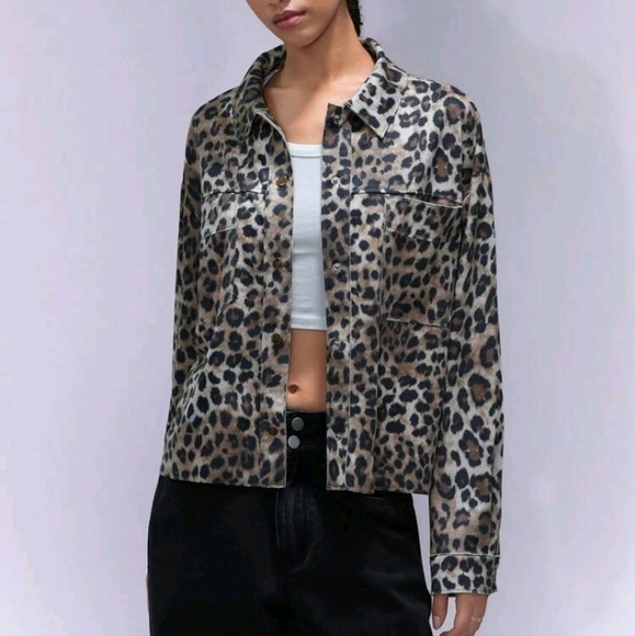 Trendy Classic Leopard Print Casual Versatile Long Sleeve Cropped Shirt - Picture 1 of 4